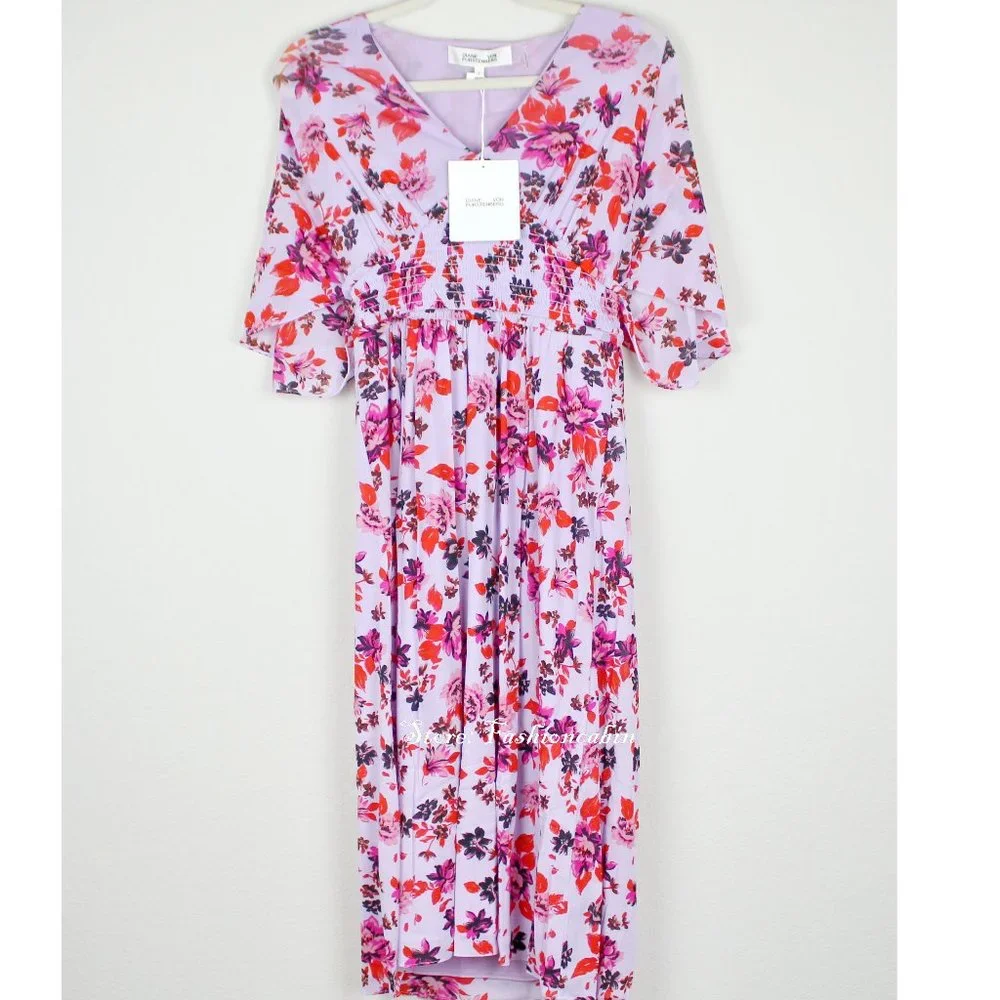 NWT Diane von Furstenberg Flutter Sleeve Dress– Floral Midi for Wedding / Brunch - Picture 2 of 11